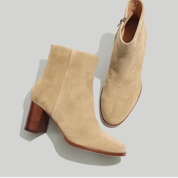 Madewell Women's Suede Ankle Boots, Side Zip, Stacked Heel, Neutral Tan Size 12 - Picture 4 of 16